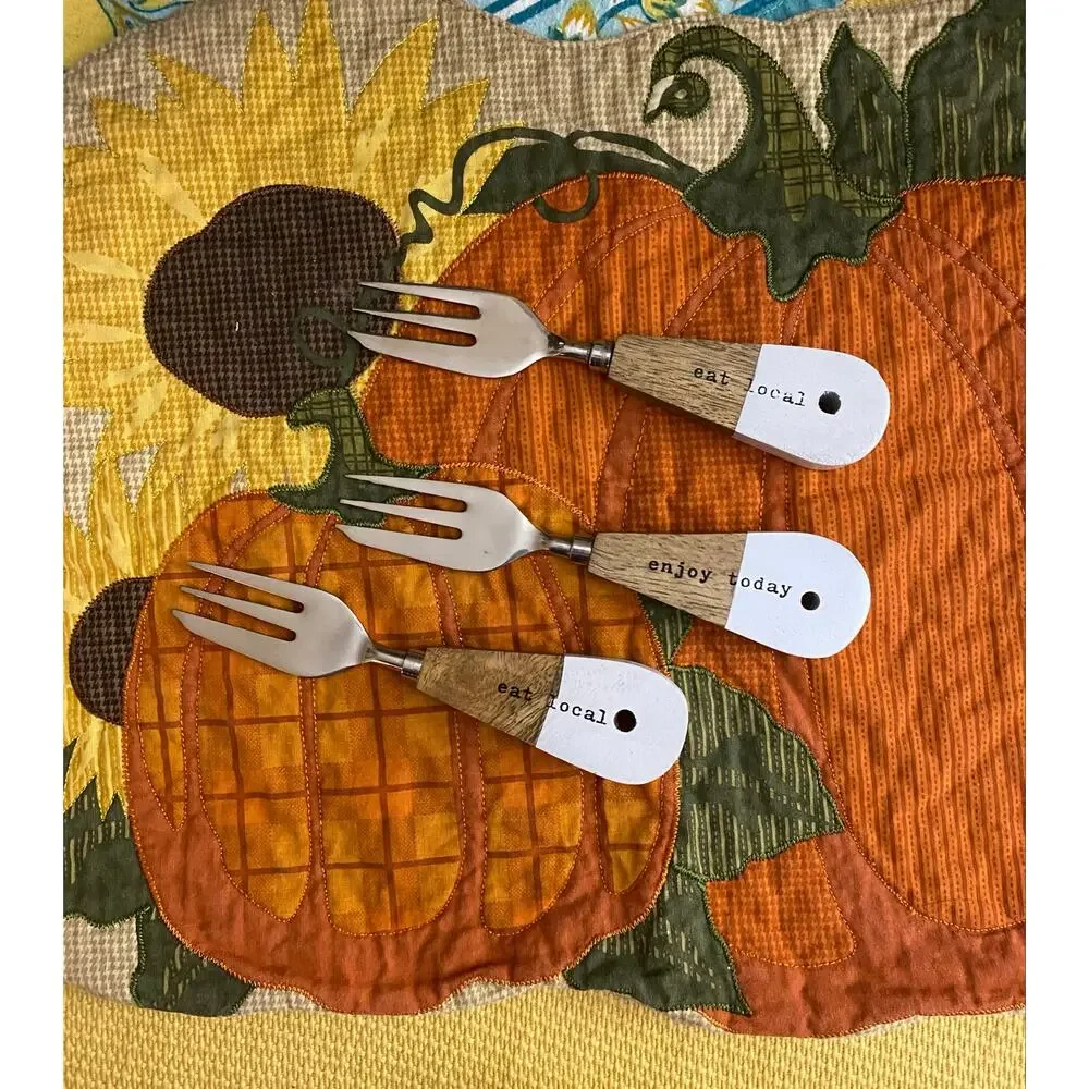 Set of 3 Wood Handle Appetizer Serving Forks 2-Eat Local & 1-Enjoy Today
